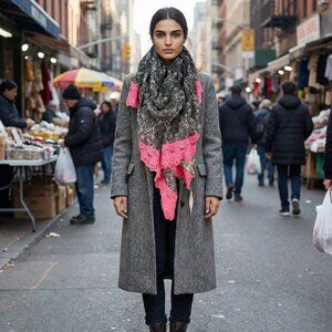 Jessie Steele Cream and Black Baroque Scarf with Pink Lace Trim NEW!
